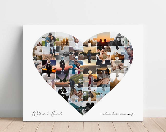Heart Shape Collage Canvas, Anniversary Wall Art, Picture Frame Personalized, Custom Birthday Gift for Her, Family Photo Collage Frame