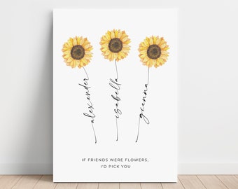 Personalized Sunflower Print for Best Friend with Names and Quote, Sunflower Wall Art, Custom Family Flower Name Print on a Stretched Canvas