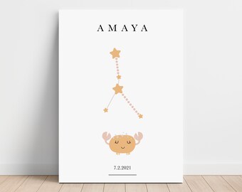 Personalized Cancer Zodiac Canvas, Astrology Nursery Wall Art, Toddler Bedroom Decor, Horoscope Astrology Print, Day You Were Born,Baby Gift