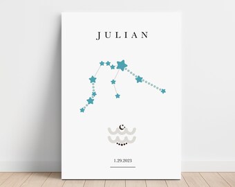 Personalized Aquarius Zodiac Canvas, Astrology Nursery Wall Art, Toddler Bedroom Decor,Horoscope Astrology Print,Day You Were Born,Baby Gift