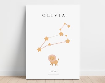 Personalized Leo Zodiac Canvas, Astrology Nursery Wall Art, Toddler Bedroom Decor, Horoscope Astrology Print, Day You Were Born, Baby Gift