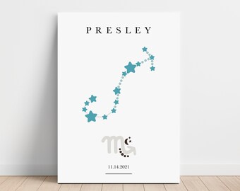 Personalized Scorpio Zodiac Canvas, Astrology Nursery Wall Art, Toddler Bedroom Decor, Horoscope Astrology Print,Day You Were Born,Baby Gift