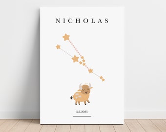 Personalized Taurus Zodiac Canvas, Astrology Nursery Wall Art, Toddler Bedroom Decor, Horoscope Astrology Print, Day You Were Born,Baby Gift