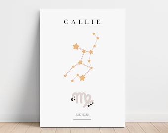 Personalized Virgo Zodiac Canvas, Astrology Nursery Wall Art, Toddler Bedroom Decor, Horoscope Astrology Print, Day You Were Born, Baby Gift