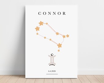Personalized Gemini Zodiac Canvas, Astrology Nursery Wall Art, Toddler Bedroom Decor, Horoscope Astrology Print, Day You Were Born,Baby Gift