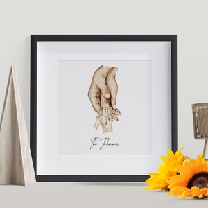 Op de afbeelding: Een aquarel-illustratie van een grote hand die de handen van twee kleinere handen vasthoudt. De afbeelding is ingelijst in zwart en wit en heeft de tekst "The Johnsons" onderaan.