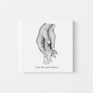 Op de afbeelding: Zwart-witte potloodtekening van twee handen die een kleinere hand vasthouden. De tekst "THE MILLER FAMILY" staat onder de handen.