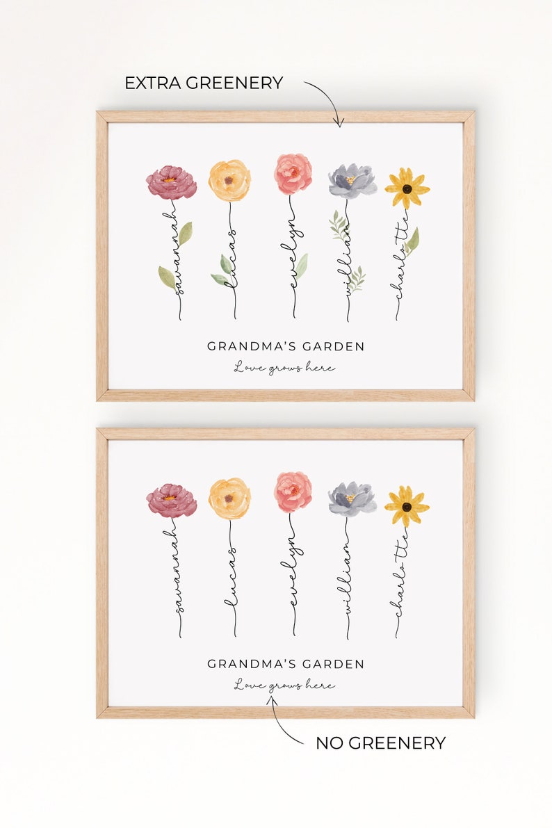 Personalized Grandma's Garden Canvas, Flower Stem Name Print, Custom