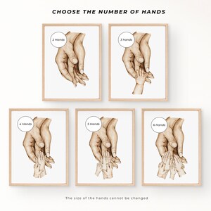 Op de afbeelding: Vijf verschillende afbeeldingen van handen die elkaar vasthouden. De afbeeldingen tonen 2, 3, 4, 5 en 6 handen. De tekst "Kies het aantal handen" staat bovenaan de afbeelding. De tekst "De grootte van de handen kan niet worden gewijzigd" staat onderaan de afbeelding.