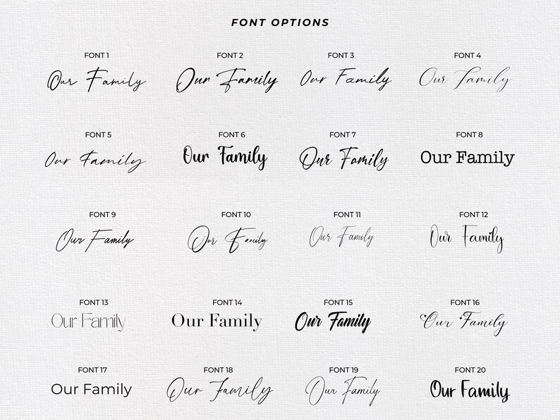 Op de afbeelding: Twintig verschillende lettertypen voor de zin "Our Family" weergegeven in zwarte inkt op een witte achtergrond.