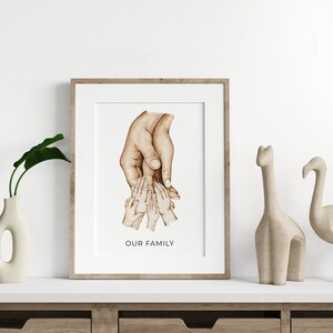 Op de afbeelding: Een ingelijste aquarel illustratie van handen die elkaar vasthouden. De handen zijn bruin en de achtergrond is wit. De tekst "OUR FAMILY" is onder de handen gedrukt.