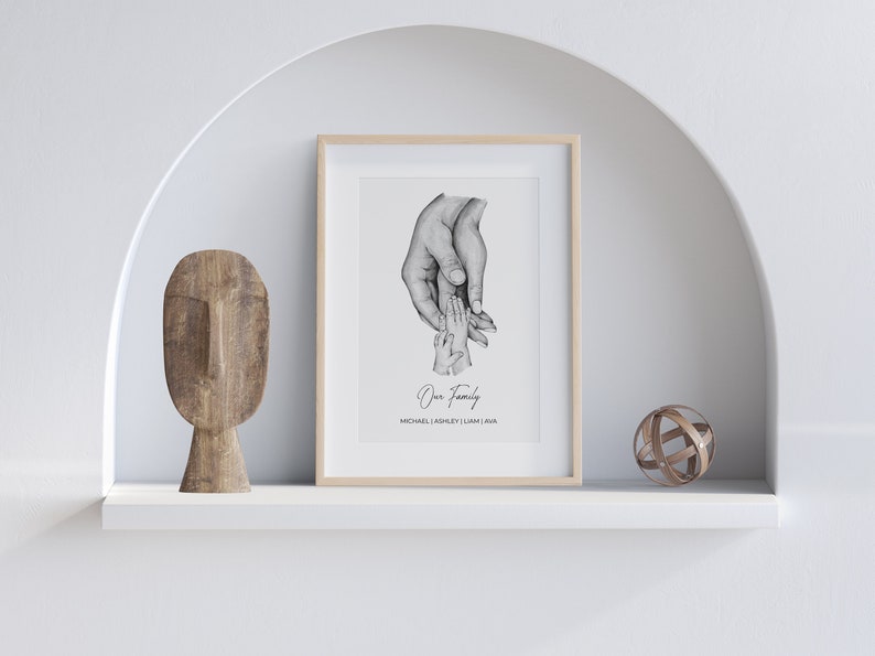 Op de afbeelding: Een zwart-witte tekening van drie handen die elkaar vasthouden. De tekening is ingelijst in een licht houten lijst en hangt aan een witte muur. De tekst "Our Family" en de namen "Michael, Ashley, Liam, Ava" zijn onder de tekening gedrukt.