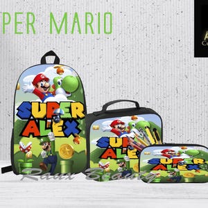 May include: A three-piece Super Mario themed school set featuring a backpack, lunch bag, and pencil case. The backpack and lunch bag have a green, red, and yellow design with Mario, Luigi, and Yoshi characters. The pencil case has a similar design with the text "Super Alex".