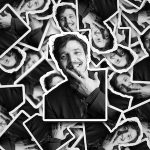 Pedro Pascal B&W Smile Sticker  Pedro Pascal       Vinyl Decal for Laptop, Tumbler, Phone