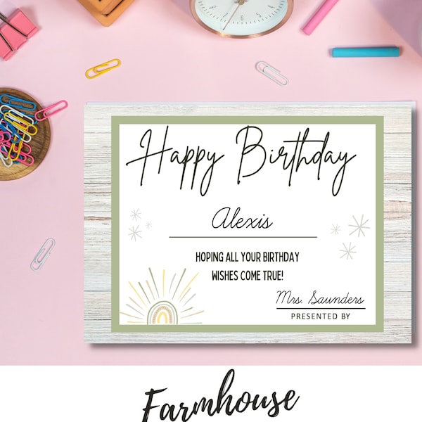 Farmhouse Happy Birthday Certificate, Happy Birthday Award, Certificate for Students, Printable Certificates for School