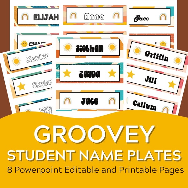 Groovy Boho theme retro editable student name plates desk plates