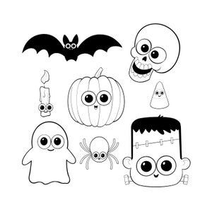 May include: Black and white cartoon illustrations of Halloween-themed characters. Includes a bat, skull, pumpkin, candy corn, candle, ghost, spider, and Frankenstein's monster, all with large, friendly eyes and smiles. Perfect for Halloween decorations or crafts.