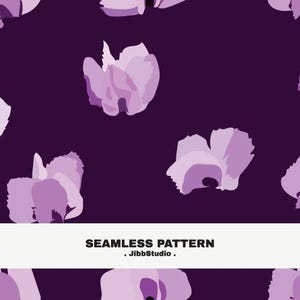 May include: Seamless pattern featuring stylized, light purple floral shapes on a deep purple background. The design includes a white banner at the bottom with the text "SEAMLESS PATTERN" and the brand name "JibbStudio."