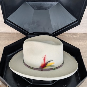 Stetson 4X Beaver Felt Beige Cowboy Hat 3&quot; Flat Brim Country Lover Tan Western Hat 7 1/4 Feather Detail w/Hard Shell Storage Carrying Case