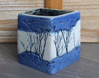 Tenmoku Small Asymmetrical Blue & White Pottery Vase Bare Trees