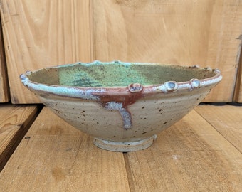 Signed MARCIA Studio Art Pottery Hand Thrown 7.5" Bowl - Earthy Rustic Cabin Cottage Core - Green Brown Grey Drip Glaze - Ships FAST & Safe!