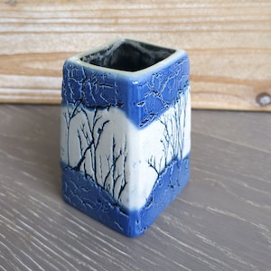 Puede incluir: Un pequeño macetero cuadrado de cerámica con un esmalte craquelado azul y blanco. El macetero presenta un diseño de ramas blancas sobre un fondo azul.