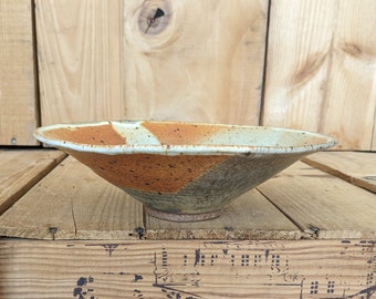 Signed MARCIA Studio Art Pottery Hand Thrown 8.75" Bowl - Asian SW Earthy Rustic Cabin Cottage Core. Blue Orange Tan Drip Glaze. Ships FAST!