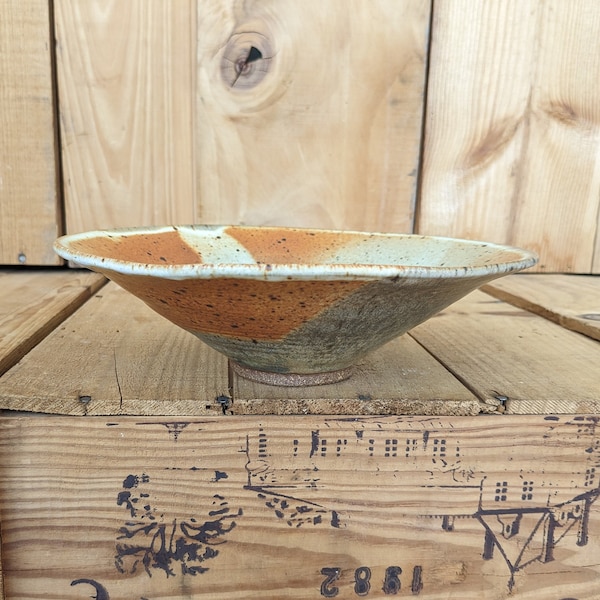 Signed MARCIA Studio Art Pottery Hand Thrown 8.75" Bowl - Asian SW Earthy Rustic Cabin Cottage Core. Blue Orange Tan Drip Glaze. Ships FAST!