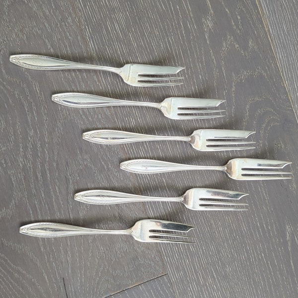 Fish Forks - Simeon L & George H Rogers - 6 Silverplate Fancy Special Occasion Dining Seafood Flatware Silverware Pastry Forks - G Monogram