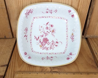 B & Co - L. Bernardaud Co. Limoges France Pekin Design Pattern 9.5" Square Serving Bowl w/Gold Rim - Pink Flower Detail Fancy Dining Dish