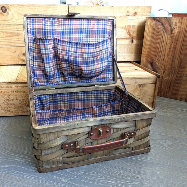 Vintage Woven Wood Slat Thick Wicker Suitcase Style Picnic Basket with Plaid Cloth Interior. Beach Camping Outdoor Gear Gift. Ships FAST!