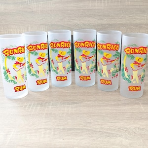 Ronrico Rum Zestaw 6 mrożonych szklanek Vintage 1950s MCM Retro Graphics Liquor Advertising Man Cave Drinkware Barware Tropical Nowość Prezent