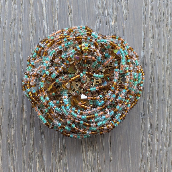 1960s Signed HOBE' Vintage Flower Knot Brooch in Copper, Teal & Champagne Colored Beads. Retro Costume Jewelry Pin Gift. Ships FAST!