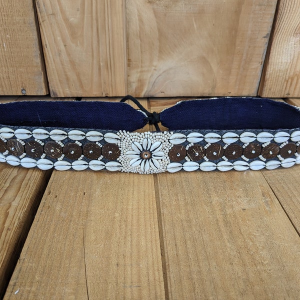 Boho Hippie Cowrie Shell Womens Beaded Tie Back Belt Floral Motif w/Button Detail - Brown Beige Southwestern Ethnic Tribal Sash - 32" Long