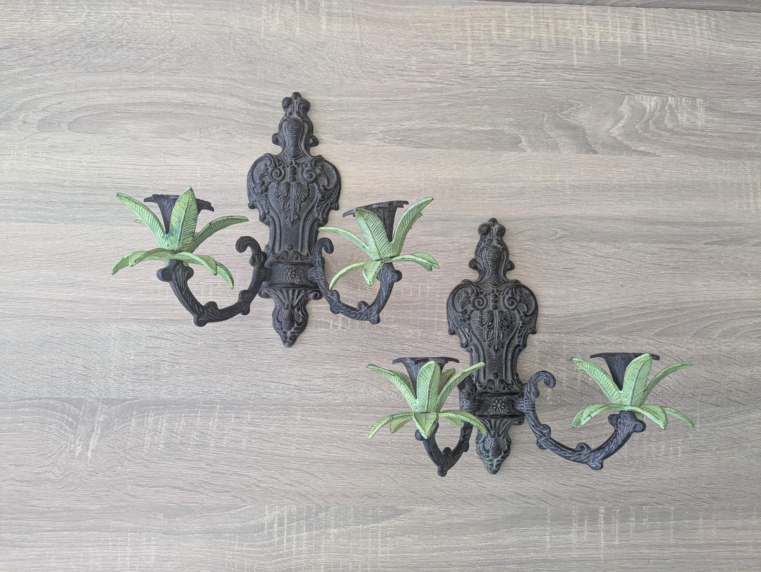 Cast Iron Palm Tree Wall Sconce Candle Holders Housewarming Gift Palm Fronds Boho Eastern Nature Inspired Beach Decor 10" Vintage Coastal