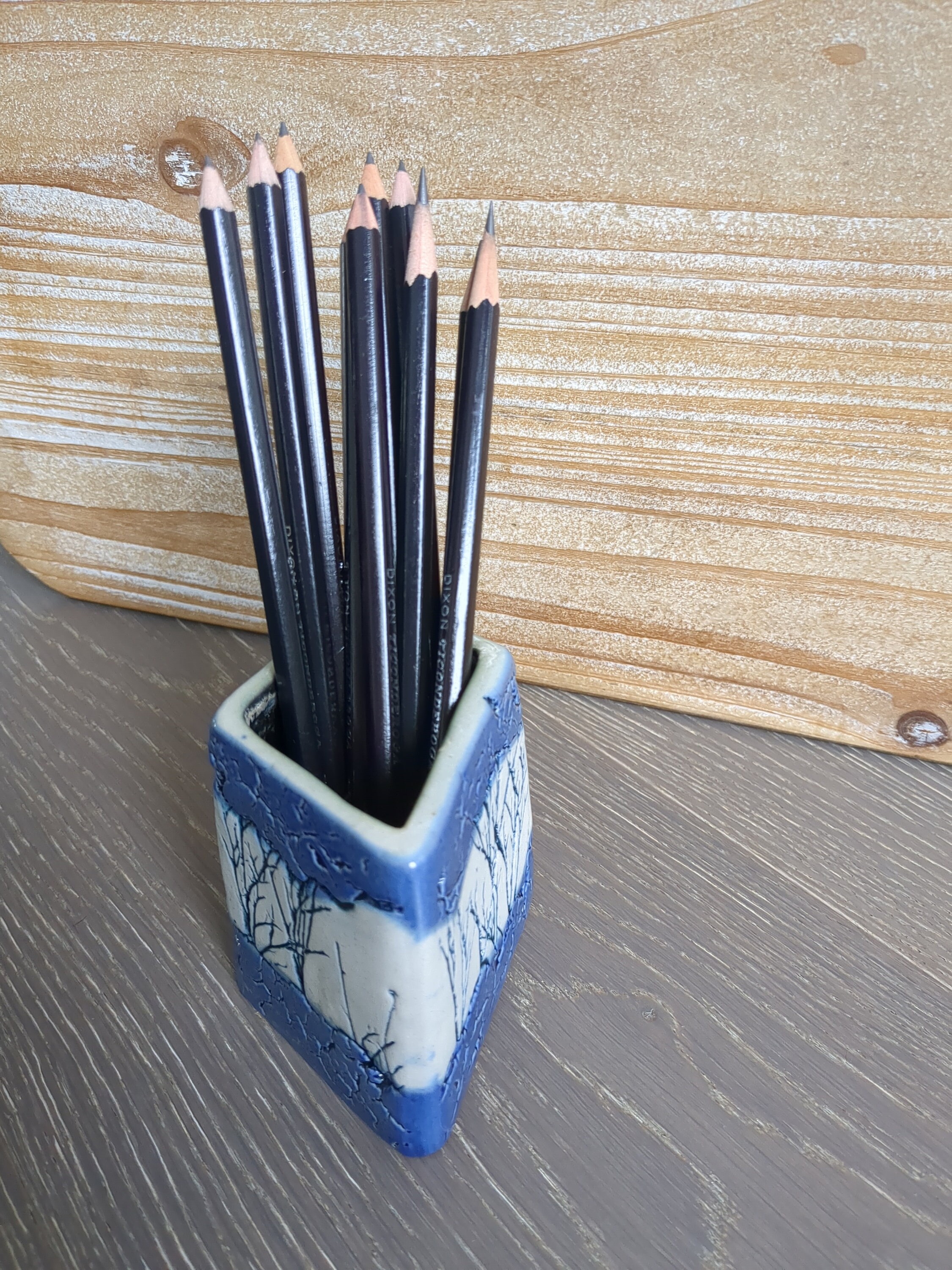 Tenmoku Small Asymmetrical Blue & White Pottery Vase Bare Trees
