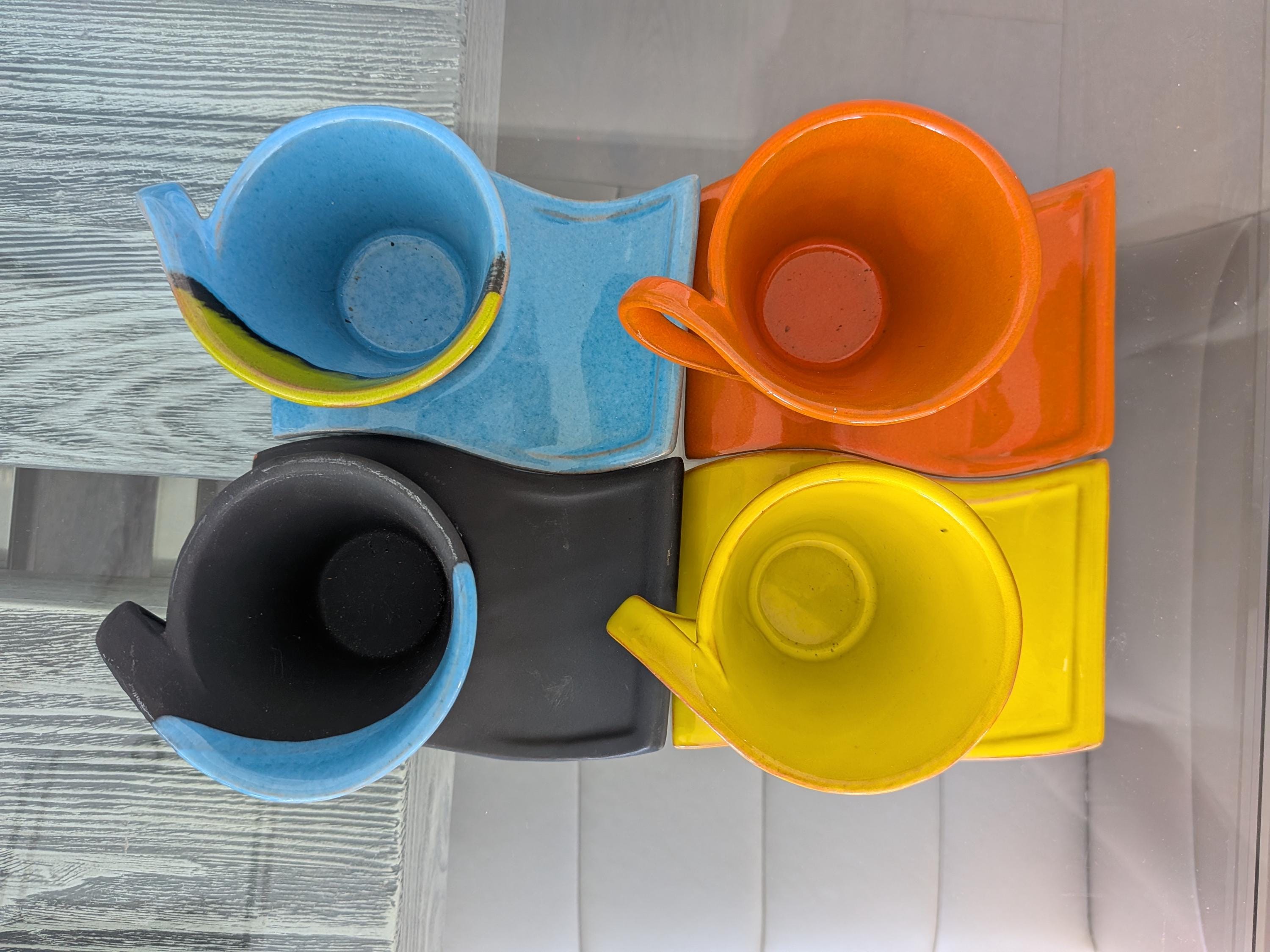 Set of 4 Demitasse Espresso Cups With Asymetrical Wavy Saucers