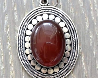 Carnelian Cabochon 925 Sterling Silver Oval Statement Pendant Signed Stamped Ornate Amber Orange Gemstone Goth Hippie Chic Jewelry Gift