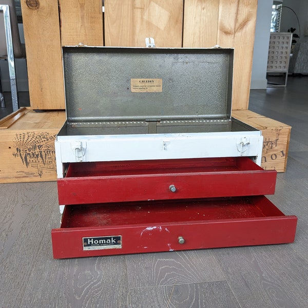 HOMAK Red and White Metal Oblong Old Vintage Toolbox with Two Drawers. Industrial Decor Craft Supply Box. Hand Tool Caddy Gift. Ships FAST!