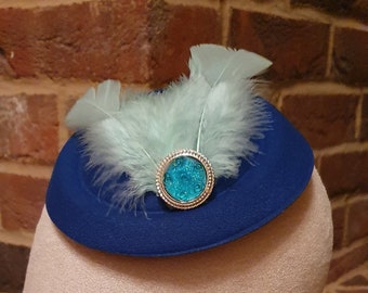 Royal blue bright blue cobalt blue feather pillbox fascinator vintage style 40s 50s  mini hat  wedding pecial occasion racing