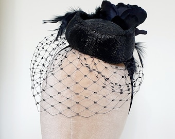 Black feather roses birdcage veil pillbox fascinator vintage style 1940s 1950s  mini hat wedding racing vintage festival Goodwood Revival