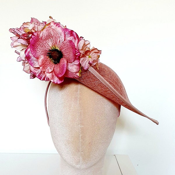 Pink Dusky Pink Rose Flowers Large Teardrop Hatinator Fascinator Wedding Mother of the Bride Racing