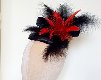 Red Black Feathers Fascinator Hatinator Wedding Guest Special Occasion Racing