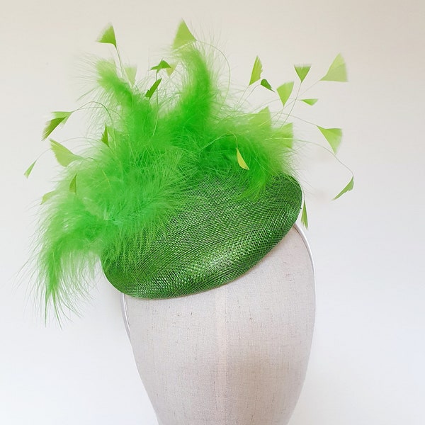Lime Green Apple Green Statement Feathers Round Sinamay Fascinator Hatinator Wedding Guest Ladies Day  Races