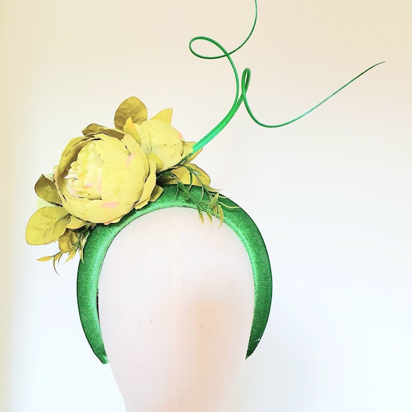 Statement green lime green peony flower padded velvet headband fascinator halo wedding guest racing special events