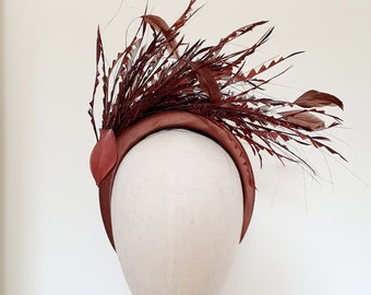 Bronze dark brown chocolate brown stunning feather spray padded satin headband fascinator halo wedding guest racing special events