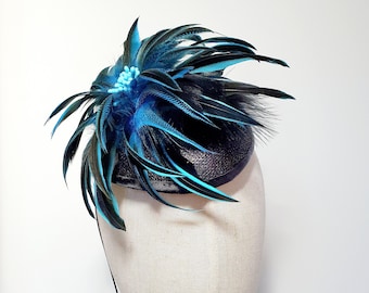 Turquoise Black Feathers Pillbox Fascinator Hatinator Wedding Guest Special Occasion Racing