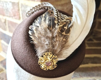 Vintage Style Feather Fascinator: Dark Brown Pillbox Hat, Wedding Races