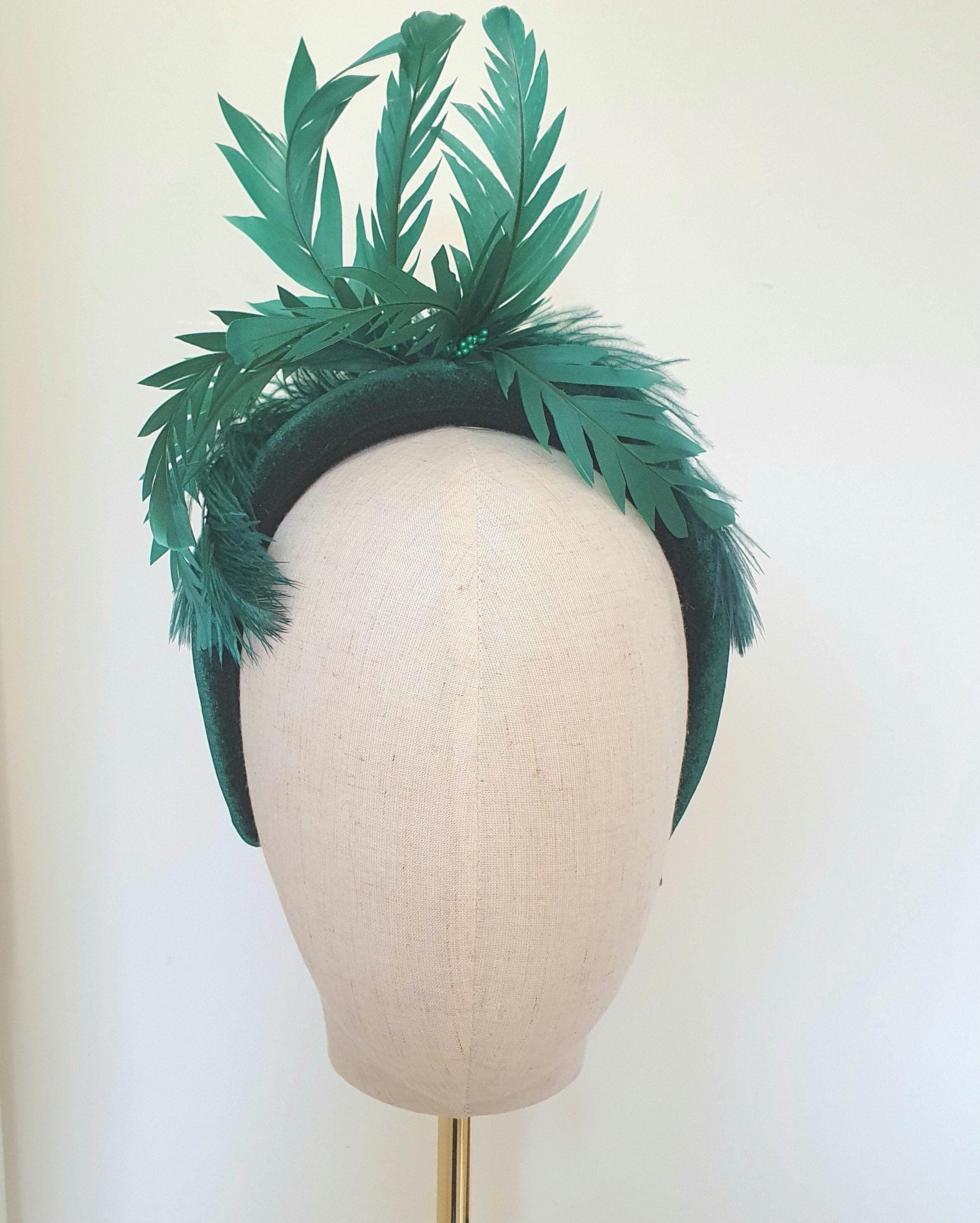Emerald Green Velvet Fascinator Hat Feather Detail Wedding Guest Headpiece Shop Fascinator Hat - Peacock Fascinator Headband | BABEYOND main image 2