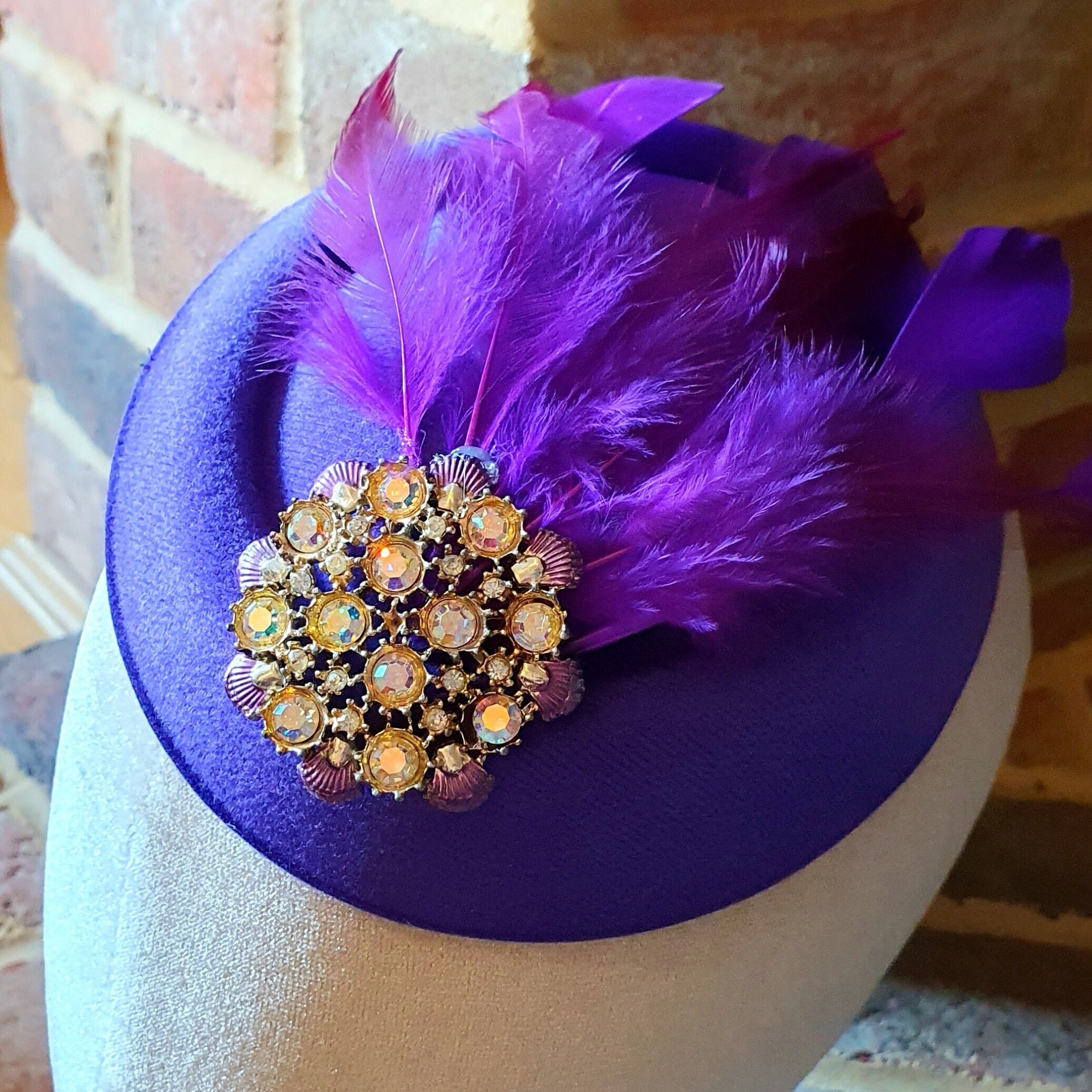 1950s vintage Purple knitted hat wit Yellow Feather Accent 1850s Victorian HAT STYLE ~ Purple Velvet Brim W/pink Satin  main image 2
